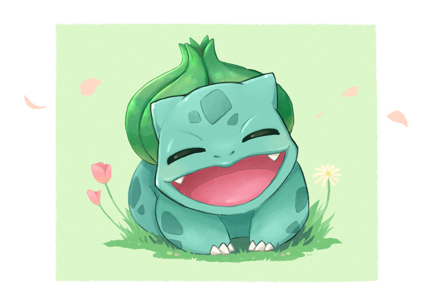 bulbasaur claws closed_eyes commentary_request fangs flower full_body gen_1_pokemon grass head_tilt kico_(iskico) no_humans open_mouth petals pink_flower pokemon pokemon_(creature) solo tongue