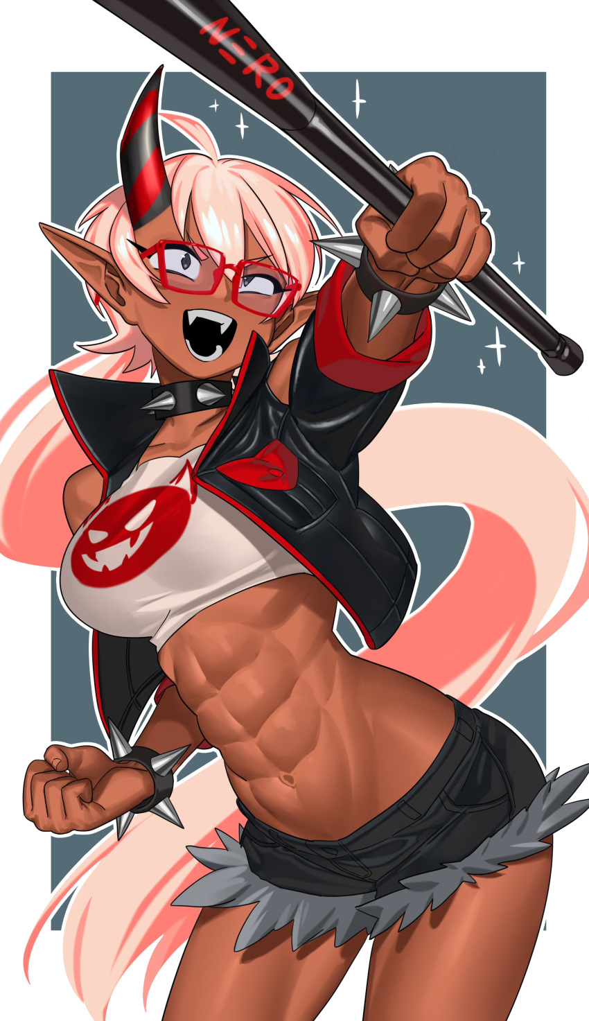 1girl abs absurdres baseball_bat black_jacket black_shorts bracelet clenched_hands collar commission cowboy_shot crop_top cropped_jacket dark-skinned_female dark_skin fangs highres holding holding_baseball_bat horns jacket jewelry long_hair nia_(nia4294) open_mouth original outline pink_hair pointy_ears print_shirt red-framed_eyewear shirt shorts smile solo spiked_bracelet spiked_collar spikes tomboy very_long_hair white_outline white_shirt