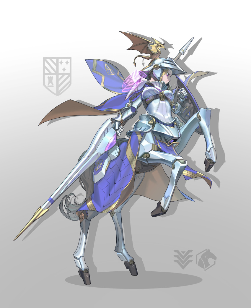 1girl absurdres android armor blonde_hair blue_cape breasts cape centaur closed_mouth covered_nipples drop_shadow faulds full_armor full_body gauntlets grey_background helmet highres holding holding_lance holding_polearm holding_shield holding_weapon hologram horse_tail impossible_armor jinyu_lao_honglingjin lance logo looking_down mecha_musume medium_breasts multiple_legs original polearm rearing red_eyes shadow shield short_hair shoulder_armor sidelocks simple_background snap-fit_buckle solo tail underbust visor_(armor) weapon