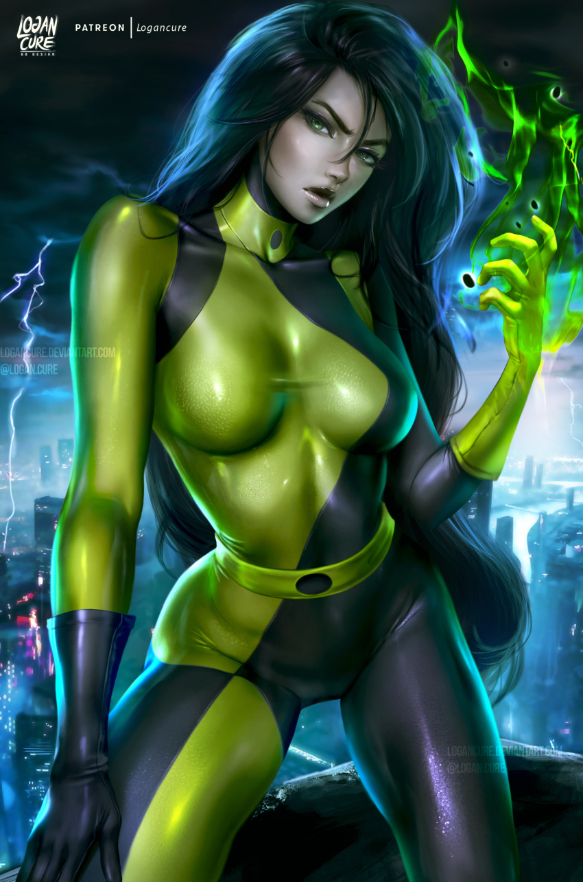 1girl absurdres black_hair bodysuit breasts cityscape fire gloves green_eyes green_fire head_tilt highres kim_possible lips logan_cure long_hair looking_at_viewer medium_breasts shego skin_tight solo