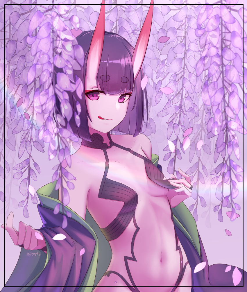 1girl absurdres bangs bare_shoulders bob_cut breasts collarbone eyeliner fate/grand_order fate_(series) highres horns huge_filesize japanese_clothes kimono licking_lips long_sleeves looking_at_viewer makeup navel oni oni_horns purple_hair purple_kimono revealing_clothes sawarineko short_hair shuten_douji_(fate/grand_order) skin-covered_horns small_breasts smile solo tongue tongue_out violet_eyes wide_sleeves