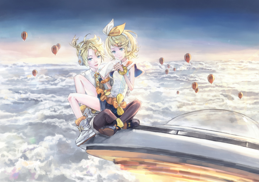 1boy 1girl 54cr above_clouds aircraft bangs blonde_hair blue_eyes boots bow capelet envelope flying_saucer fur-trimmed_boots fur-trimmed_capelet fur_trim hair_bow hair_ornament hairclip headphones highres holding holding_envelope hot_air_balloon kagamine_len kagamine_rin magical_mirai_(vocaloid) open_mouth shirt short_hair short_ponytail short_shorts shorts sitting sitting_on_lap sitting_on_person sky sleeveless sleeveless_shirt smile space_craft spiky_hair swept_bangs ufo vocaloid white_bow white_shirt wide_shot wind wrist_cuffs yellow_neckwear