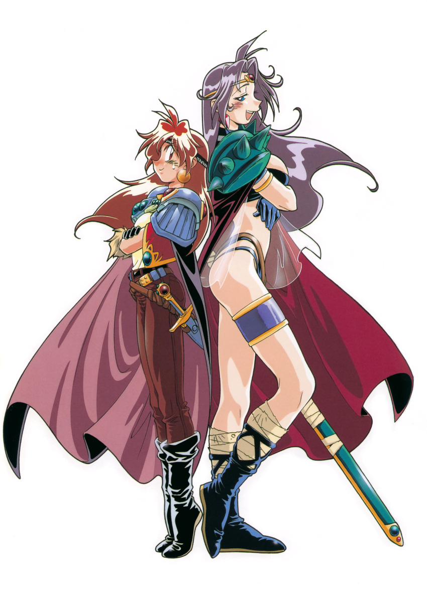 1990s_(style) 2girls absurdres araizumi_rui armlet armor back-to-back bandages bikini black_footwear blue_eyes boots cape circlet crossed_arms earrings full_body gloves headband heel_raised height_difference highres jewelry knee_boots knife lina_inverse long_hair multiple_girls naga_the_serpent official_art open_mouth pauldrons profile purple_hair red_eyes redhead scan shoulder_armor simple_background slayers smile spikes standing sweatdrop swimsuit sword thigh_strap thighlet tiptoes weapon