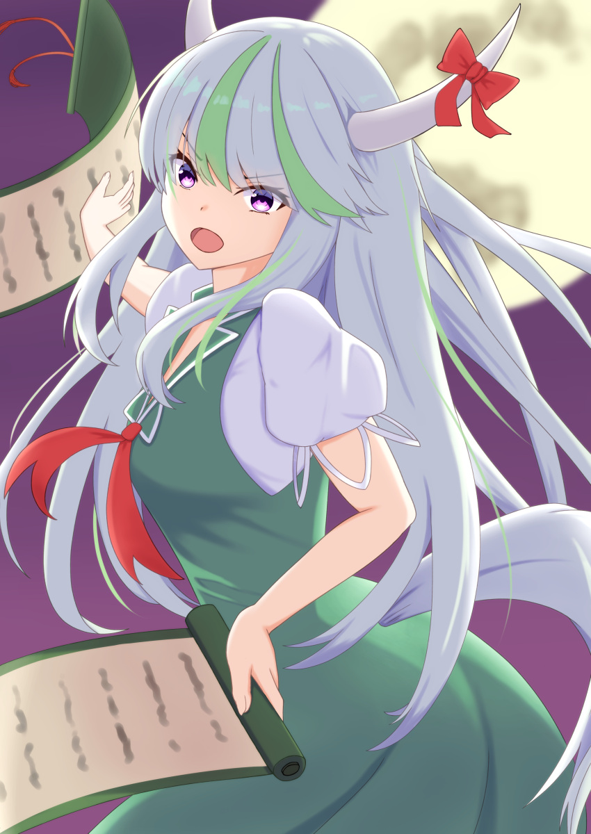 1girl :o absurdres blurry blurry_background bow breasts commentary_request dress ex-keine full_moon gradient gradient_background green_dress highres holding holding_scroll horn_ornament horn_ribbon horns kamishirasawa_keine long_hair looking_at_viewer medium_breasts moon multicolored_hair night night_sky o1118 puffy_short_sleeves puffy_sleeves purple_background red_bow red_neckwear red_ribbon ribbon scroll short_sleeves silver_hair sky solo streaked_hair tail touhou upper_body v-shaped_eyebrows very_long_hair violet_eyes