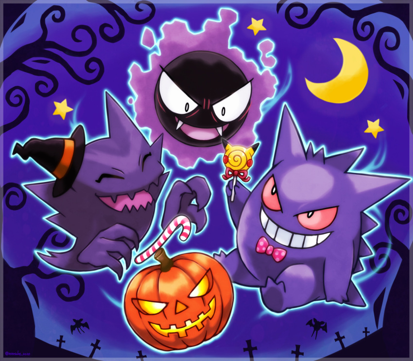 ^_^ artist_name bare_tree black_eyes black_headwear blue_outline border bow bowtie candy candy_cane closed_eyes clothed_pokemon colored_sclera commentary_request crescent_moon fangs floating food gastly gen_1_pokemon gengar ghost grin halloween happy hat haunter highres holding holding_food invisible_chair jack-o'-lantern lollipop moon night open_mouth outdoors outline pikachu pink_neckwear pokemon pokemon_(creature) polka_dot_neckwear pumpkin purple_background purple_sky purple_theme red_sclera rorosuke silhouette sitting smile star_(symbol) tombstone tree twitter_username witch_hat zubat