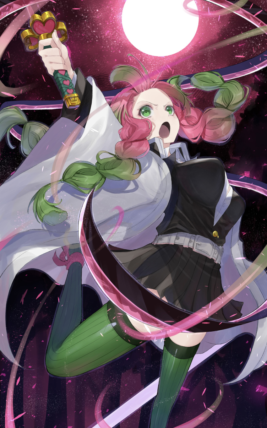 1girl absurdres belt black_skirt braid breasts coat green_eyes green_hair green_legwear highres holding holding_sword holding_weapon kanroji_mitsuri katana kimetsu_no_yaiba large_breasts looking_at_viewer moon multicolored_hair open_clothes open_coat open_mouth petals pink_hair pleated_skirt r_(ryo) skirt solo sword thigh-highs twin_braids twintails uniform weapon