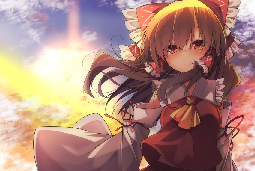 1girl bangs blush bow brown_hair clouds commentary_request cravat detached_sleeves frilled_bow frills hair_bow hair_tubes hakurei_reimu highres long_hair long_sleeves looking_at_viewer red_bow red_shirt shirt smile tangusuten touhou upper_body wide_sleeves window yellow_neckwear
