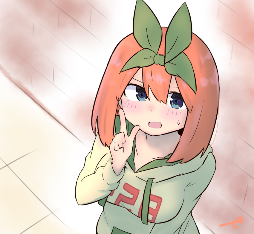 1girl :d bangs blue_eyes blush breasts brick_wall drawstring eyebrows_behind_hair from_above go-toubun_no_hanayome green_hoodie green_ribbon hair_between_eyes hair_ribbon hand_up highres hood hood_down hoodie index_finger_raised kujou_karasuma long_sleeves looking_at_viewer looking_up medium_breasts nakano_yotsuba open_mouth orange_hair ribbon smile solo sweat