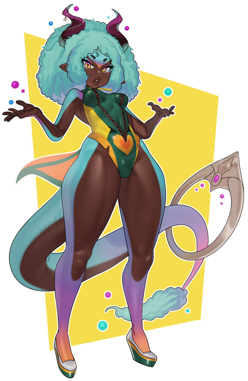 1girl absurdres aqua_hair big_hair breasts breasts_apart commission dark_skin dark-skinned_female full_body green_leotard highres horns leotard medium_breasts monster_girl nia_(nia4294) original parted_lips pointy_ears shoes solo standing tail