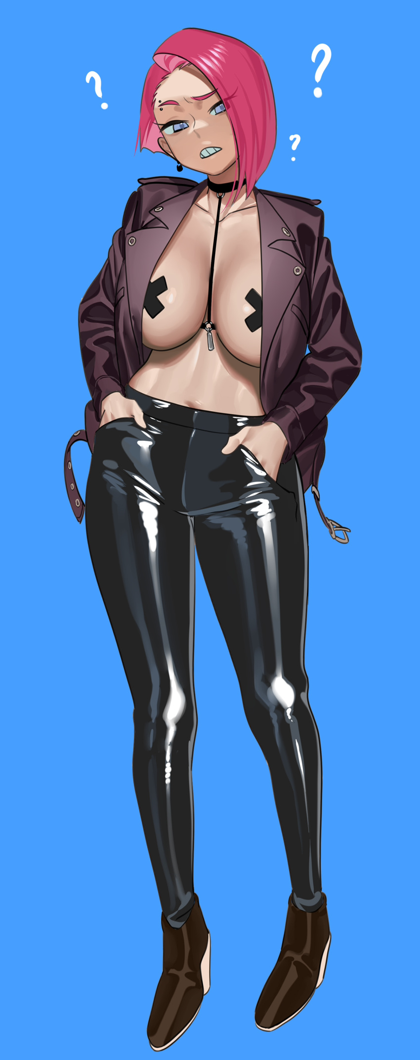 1girl ? absurdres black_pants black_pasties blue_background blue_eyes breasts brown_jacket earrings eyebrow_piercing full_body hands_in_pockets highres jacket jewelry large_breasts nia_(nia4294) open_clothes open_jacket original pants parted_lips piercing pink_hair shiny shiny_clothes short_hair simple_background solo standing x_pasties