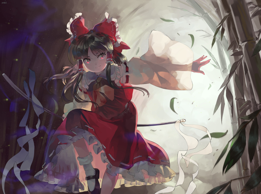 1girl ascot bamboo black_footwear bobby_socks bow brown_hair closed_mouth detached_sleeves english_commentary foot_out_of_frame frills gohei hair_bow hair_tubes hakurei_reimu highres holding holding_stick long_hair looking_to_the_side mary_janes petticoat red_bow red_skirt red_vest ribbon-trimmed_sleeves ribbon_trim riki6 shoes sidelocks skirt skirt_set smile socks solo stick touhou tunnel vest white_legwear wide_sleeves yellow_neckwear