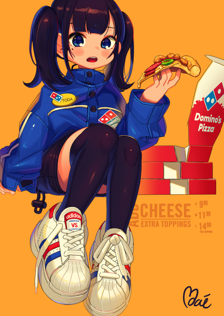 1girl absurdres adidas black_hair black_legwear black_shorts blue_eyes blue_jacket blush_stickers character_request domino's_pizza employee_uniform food full_body highres holding holding_food huge_filesize invisible_chair jacket long_hair looking_at_viewer moai_(more_e_4km) mole mole_under_eye open_mouth original over-kneehighs pizza shoes shorts sitting sneakers solo thigh-highs twintails uniform upper_teeth white_footwear
