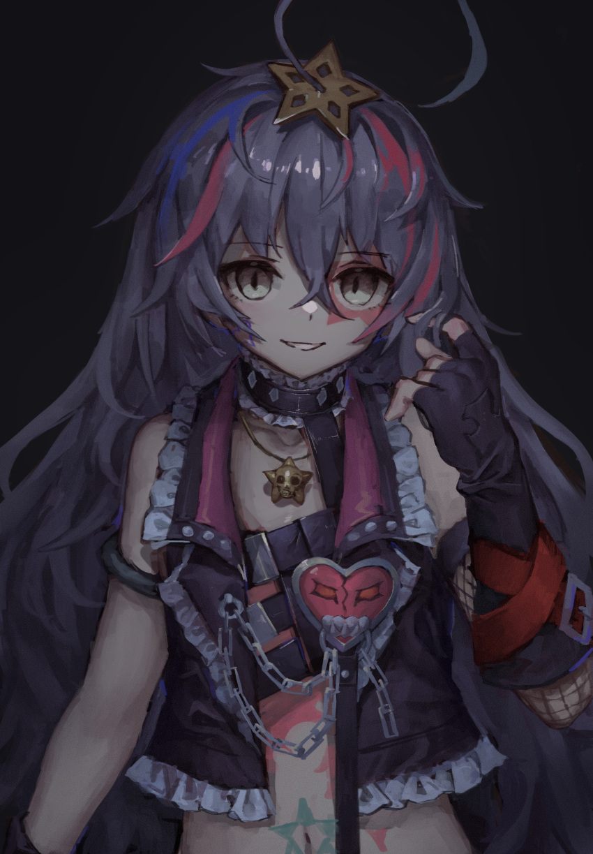 1girl ahoge armlet black_background black_choker black_gloves blue_hair blush body_markings chain choker collarbone facial_mark fingerless_gloves fishnets frilled_choker frills gloves grey_eyes hair_between_eyes heart highres hoshi_shouko idolmaster idolmaster_cinderella_girls jewelry long_hair multicolored multicolored_hair navel necklace parted_lips purple_hair redhead simple_background smile solo star_(symbol) yanyan_(shinken_gomi)