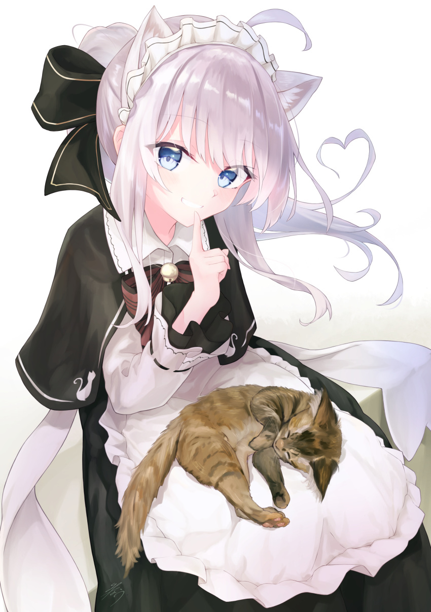 1girl absurdres ahoge alternate_costume alternate_hairstyle animal animal_ears animal_on_lap apron bell blue_eyes bow capelet cat cat_ears cat_on_lap collared_dress commentary_request elaina_(majo_no_tabitabi) enmaided finger_to_mouth hair_bow heart_hair highres jingle_bell kemonomimi_mode long_hair long_sleeves looking_at_viewer maid maid_apron maid_headdress majo_no_tabitabi minau37 ponytail ribbon_trim signature sitting sleeping smile solo tied_hair waist_apron white_hair