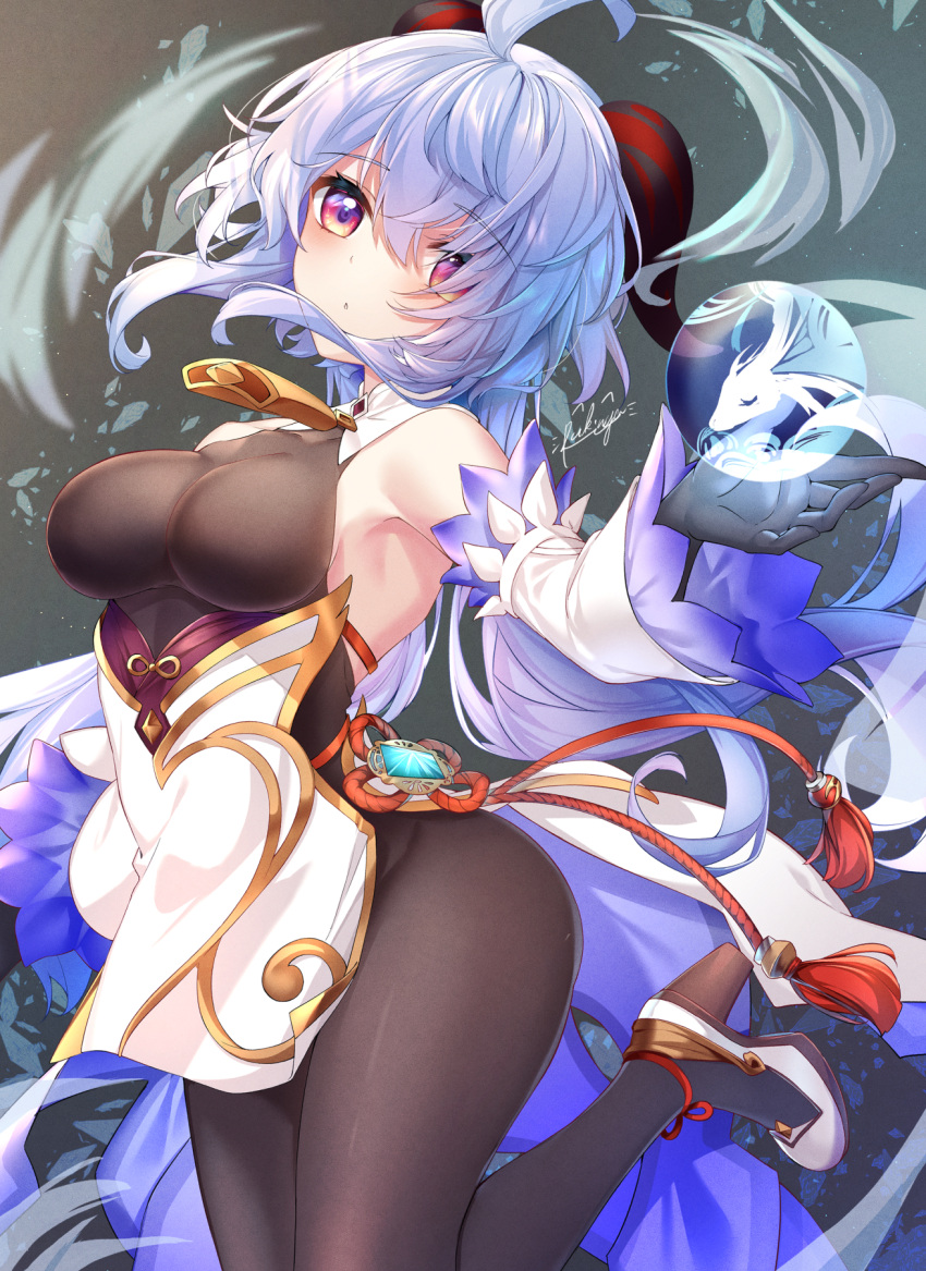 1girl ahoge armpits bare_shoulders bell black_gloves blue_hair bodystocking breasts cowbell detached_collar detached_sleeves ganyu_(genshin_impact) genshin_impact gloves goat_horns gold_trim groin highres horns long_hair long_sleeves looking_at_viewer low_ponytail medium_breasts orb outstretched_arm pelvic_curtain red_eyes rukinya_(nyanko_mogumogu) shoes solo waist_cape white_footwear