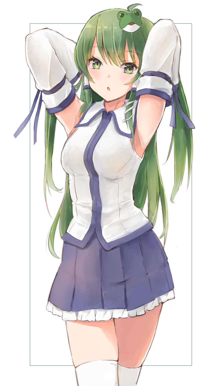 1girl absurdres ahoge armpits arms_up blue_skirt breasts detached_sleeves frilled_skirt frills frog_hair_ornament green_eyes green_hair hair_ornament hair_tubes highres kochiya_sanae long_hair looking_at_viewer medium_breasts miniskirt nontraditional_miko open_mouth parted_lips pleated_skirt shirt skirt sleeveless sleeveless_shirt snake_hair_ornament solo thigh-highs touhou white_background white_legwear white_shirt white_sleeves yamabukiiro_(browncat)