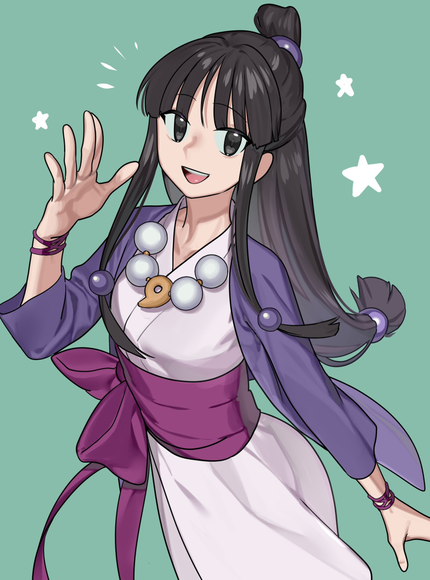 1girl absurdres bangs black_eyes black_hair character_request commission copyright_request green_background hand_up highres japanese_clothes jewelry kimono long_hair necklace nia_(nia4294) obi open_mouth pink_kimono purple_sash sash simple_background smile solo star_(symbol) upper_body