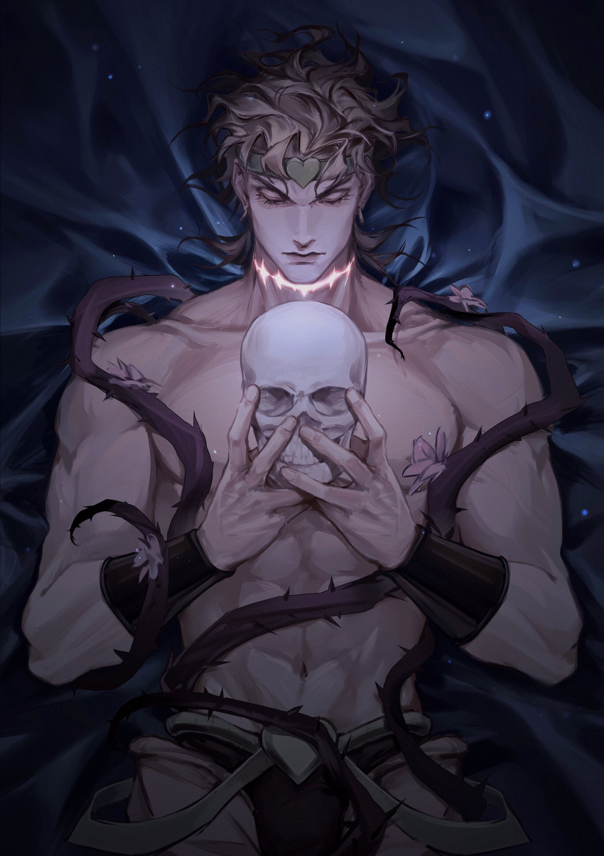 1boy abs blonde_hair bracer chanasykine chinese_commentary closed_eyes closed_mouth collarbone commentary_request crotchless crotchless_pants dio_brando earrings fabric_softener facing_viewer flower glowing glowing_scar headband heart highres holding holding_skull jewelry jojo_no_kimyou_na_bouken male_focus mole mole_on_ear muscular navel plant scar scar_on_neck shirtless short_hair skull solo stardust_crusaders suspenders_hanging thorns upper_body vines wavy_hair