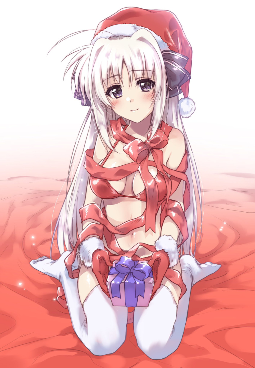 1girl ahoge bed_sheet bikini black_bow blush bow christmas closed_mouth commentary eyebrows_visible_through_hair gift gift_wrapping gloves hair_bow hat highres holding holding_gift kuroi_mimei light_smile long_hair looking_at_viewer lyrical_nanoha medium_hair navel on_bed red_bikini red_bow red_gloves red_headwear rinne_berlinetta santa_bikini santa_gloves santa_hat silver_hair sitting solo swimsuit thigh-highs violet_eyes vivid_strike! wariza white_background white_legwear