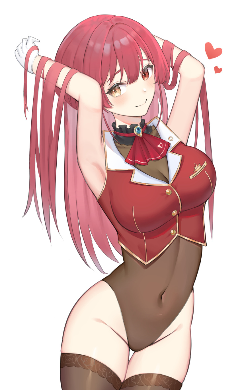 1girl absurdres armpits ascot bodysuit bodysuit_under_clothes breasts brown_bodysuit brown_legwear closed_mouth commentary_request covered_navel gloves gurina hair_down heart heterochromia highres hololive houshou_marine large_breasts long_hair looking_at_viewer red_eyes red_neckwear redhead simple_background smile solo thigh_gap thighs virtual_youtuber white_background white_gloves yellow_eyes