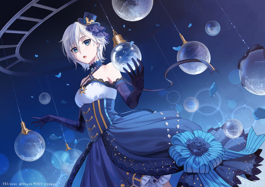 1girl anastasia_(idolmaster) bangs bare_shoulders blue_bow blue_dress blue_eyes blue_flower blue_gloves blue_headwear blue_rose bow commentary_request criss-cross_halter dress earrings elbow_gloves eyebrows_behind_hair fen_renlei flower frilled_dress frills gloves hair_between_eyes halterneck hands_up hat idolmaster idolmaster_cinderella_girls idolmaster_cinderella_girls_starlight_stage jewelry looking_at_viewer mini_hat open_mouth pixiv_id rose short_hair solo striped striped_bow tilted_headwear twitter_username white_hair