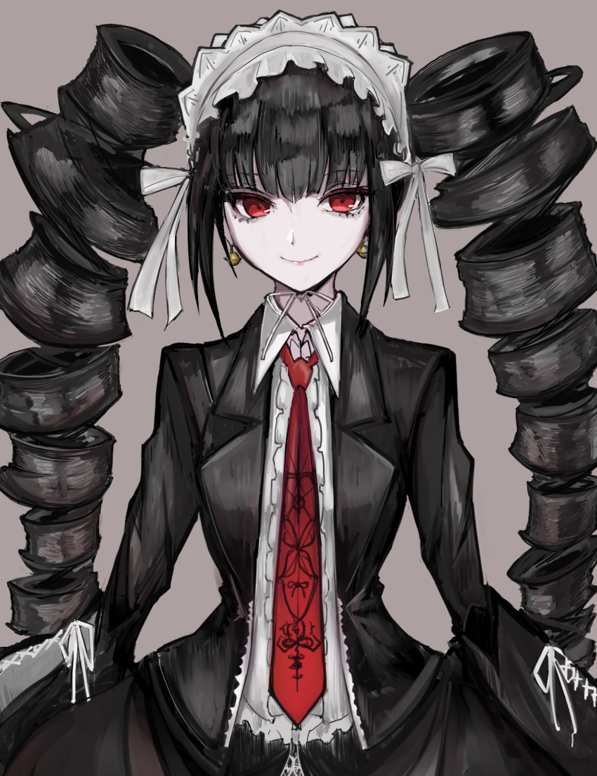 1girl akitsu_(davis0527dx) bangs black_hair black_jacket celestia_ludenberg center_frills closed_mouth collared_shirt commentary_request cowboy_shot dangan_ronpa:_trigger_happy_havoc dangan_ronpa_(series) drill_hair earrings frills gothic_lolita grey_background highres jacket jewelry lolita_fashion long_hair long_sleeves looking_at_viewer necktie open_clothes open_jacket pale_skin red_eyes red_neckwear ribbon shirt smile solo twin_drills twintails white_shirt