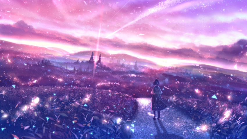 1girl ahoge black_hair blurry bob_cut capelet clouds commentary depth_of_field dress fantasy forest from_behind grass highres hill horizon landscape lens_flare light_particles nature original path purple_theme sakimori_(hououbds) scenery shadow short_hair sky solo tree twilight