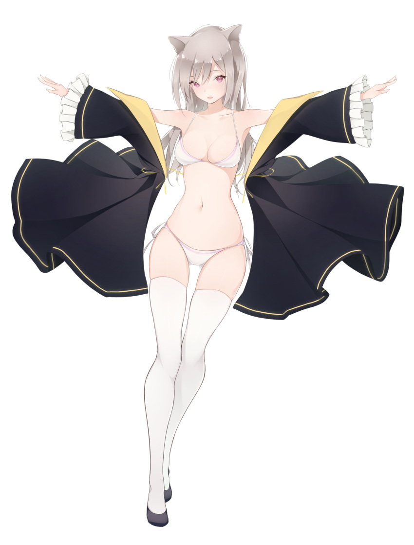 1girl animal_ears bangs black_footwear bra breasts collarbone frilled_sleeves frills full_body grey_hair highres long_hair long_sleeves looking_at_viewer medium_breasts navel open_mouth original outstretched_arms panties r_(curvy) shoes side-tie_panties simple_background skindentation solo spread_arms t-pose thigh-highs underwear violet_eyes white_background white_bra white_legwear white_panties wide_sleeves