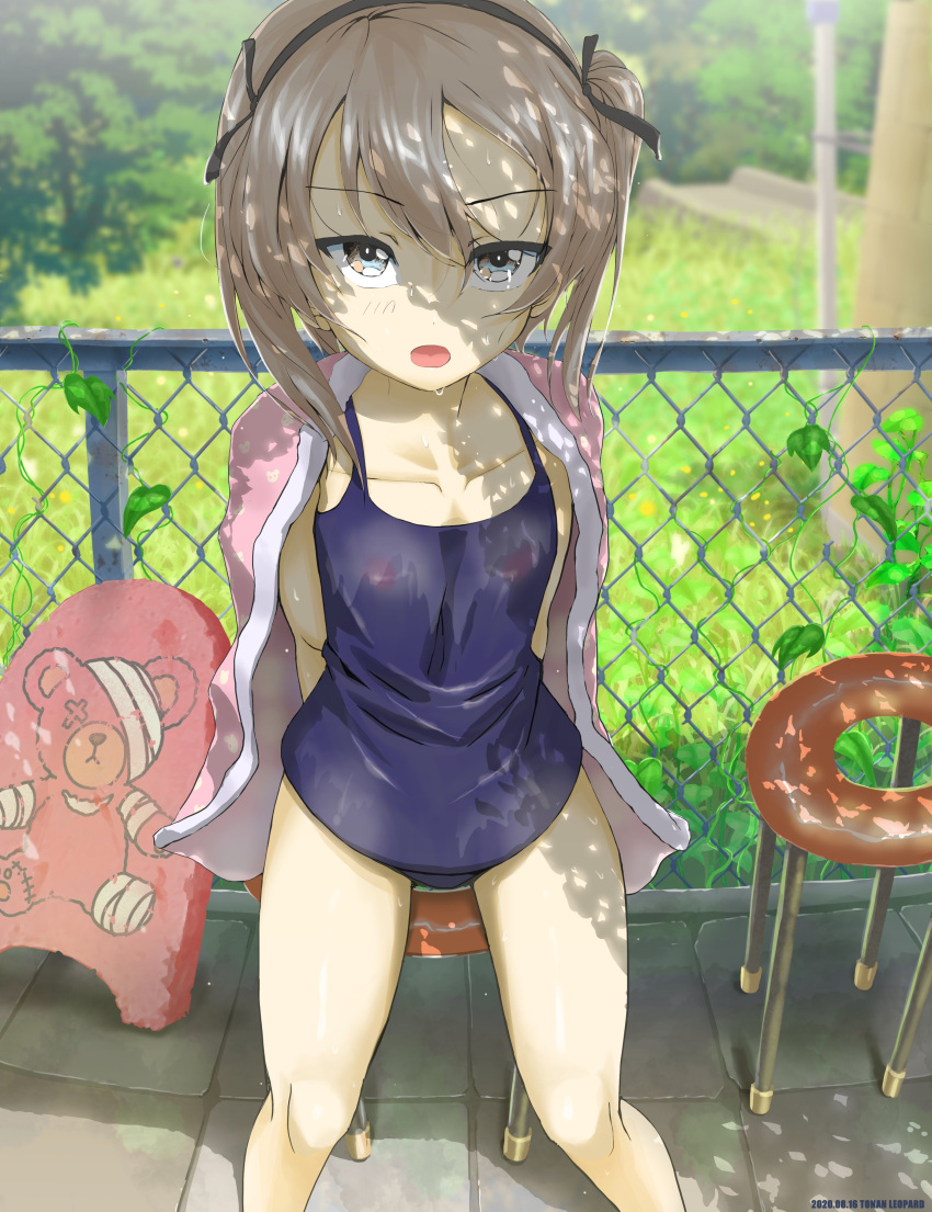 1girl absurdres animal_print arms_behind_back artist_name bangs bear_print black_ribbon blue_swimsuit blurry blurry_background boko_(girls_und_panzer) chain-link_fence chair commentary dated day depth_of_field eyebrows_visible_through_hair fence girls_und_panzer hair_ribbon highres kickboard light_brown_eyes light_brown_hair long_hair looking_at_viewer one-piece_swimsuit one_side_up open_mouth outdoors pink_towel plant ribbon school_swimsuit shimada_arisu sitting solo stone_floor swimsuit tonan_leopard towel towel_around_neck wet