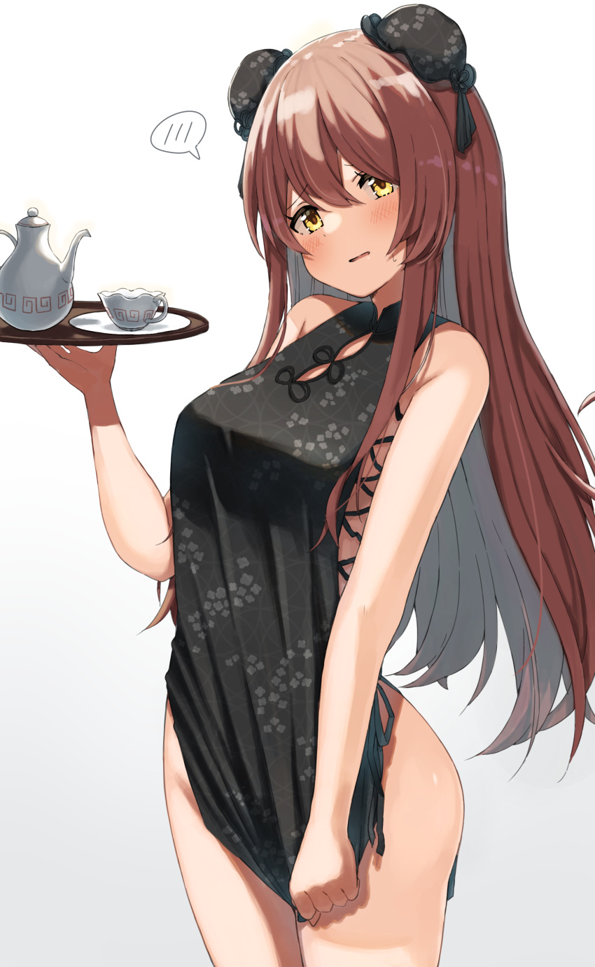 1girl absurdres bangs bare_arms bare_shoulders black_dress blush breasts brown_hair bun_cover china_dress chinese_clothes colored_inner_hair covering covering_crotch cowboy_shot cup double_bun dress eyebrows_visible_through_hair grey_hair highres holding holding_tray idolmaster idolmaster_shiny_colors looking_at_viewer multicolored_hair oosaki_tenka parted_lips sleeveless sleeveless_dress small_breasts solo speech_bubble spoken_blush teacup teapot tray two-tone_hair wanimaru yellow_eyes