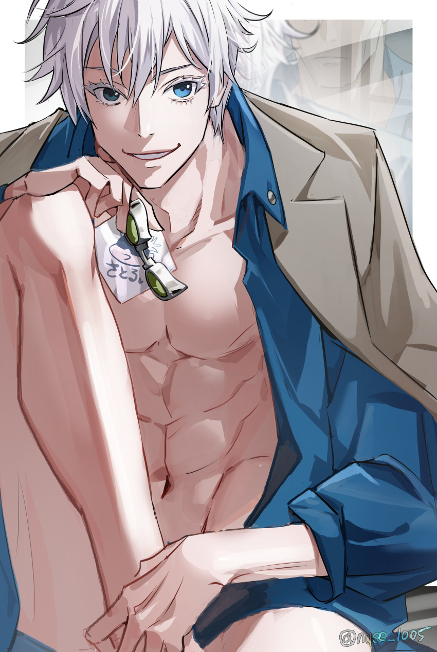 1boy abs absurdres alternate_hairstyle bare_pecs blonde_hair blue_eyes blue_shirt borrowed_garments closed_mouth collared_shirt convenient_censoring convenient_leg cosplay formal gojou_satoru highres jacket jujutsu_kaisen knee_up long_sleeves looking_at_viewer male_focus messy_hair nanami_kento nanami_kento_(cosplay) navel nuee_1005 open_clothes open_jacket open_shirt raised_eyebrow shirt short_hair smile solo toned toned_male upper_body white_shirt