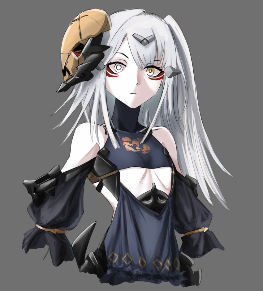 1girl commentary detached_sleeves english_commentary eyepatch flat_chest girls_frontline hair_ornament haonfest_art heterochromia highres pale_skin paradeus solo white_eyes white_hair yellow_eyes