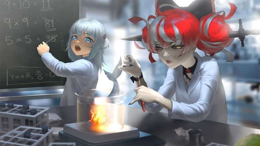 beaker black_bow blue_eyes blue_hair bow bunsen_burner chalkboard colored_skin double_bun gawr_gura grey_hair hair_bow heterochromia hololive hololive_english hololive_indonesia huge_bow infi kureiji_ollie labcoat long_hair math multicolored_hair multiple_girls open_mouth patchwork_skin pink_hair red_bow red_eyes redhead science stitched_face stitches teeth test_tube virtual_youtuber yellow_eyes zombie