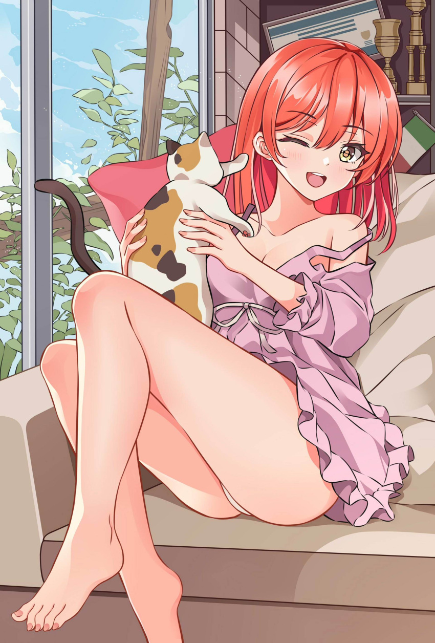 1girl absurdres animal bare_arms bare_legs bare_shoulders barefoot cat couch feet feng_shao_kky_(arj0522) highres holding holding_animal holding_cat no_bra one_eye_closed open_mouth original panties pink_skirt redhead short_hair sitting skirt smile thighs toes underwear white_panties yellow_eyes