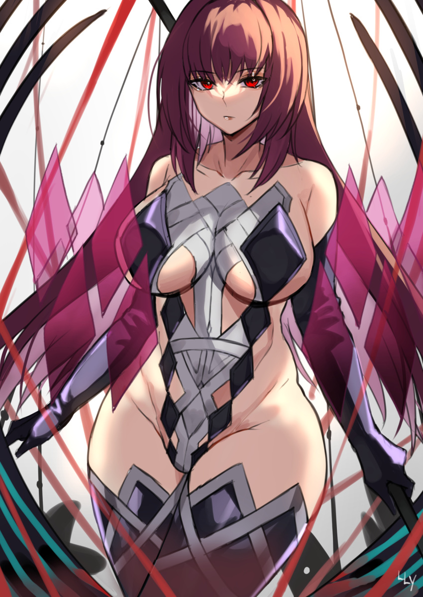 1girl absurdres bangs bare_shoulders black_gloves breasts collarbone covered_navel elbow_gloves fate/grand_order fate_(series) gloves hair_between_eyes highleg highleg_leotard highres large_breasts leotard lilycious long_hair looking_at_viewer purple_hair red_eyes scathach_(fate)_(all) scathach_(fate/grand_order) sideboob thigh-highs thighs