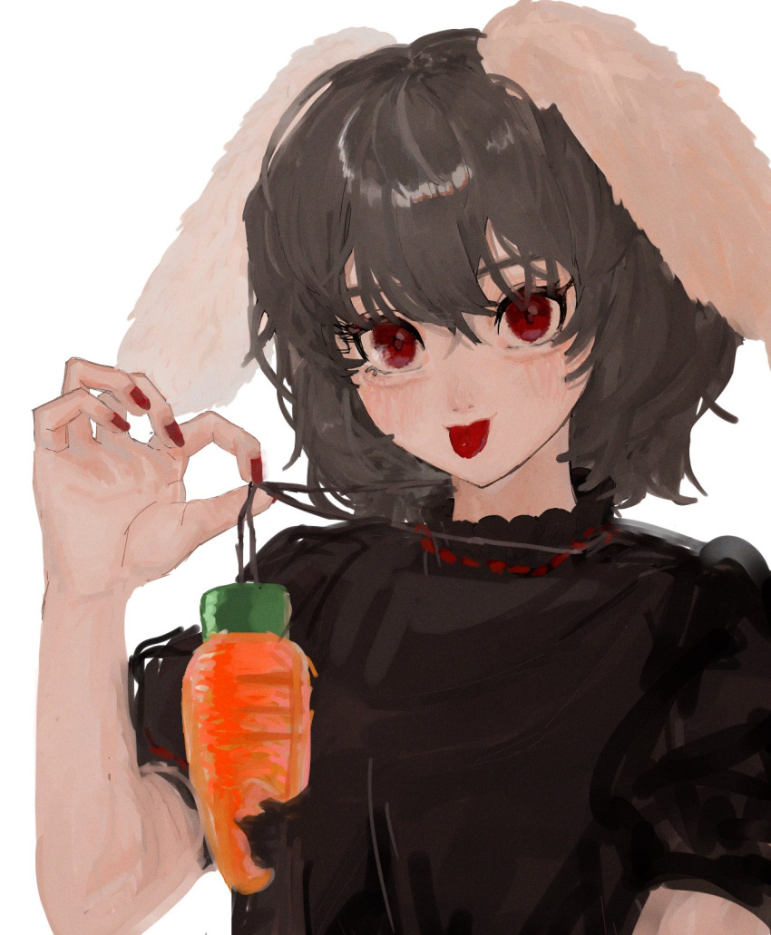 1girl :p alternate_color animal_ears b_nosk101 bangs bite_mark black_hair black_shirt blush carrot carrot_necklace commentary_request eyebrows_behind_hair floppy_ears hair_between_eyes hand_up highres inaba_tewi looking_at_viewer nail_polish puffy_short_sleeves puffy_sleeves rabbit_ears red_eyes red_nails ribbon-trimmed_clothes ribbon_trim shirt short_hair short_sleeves simple_background solo tongue tongue_out touhou upper_body white_background