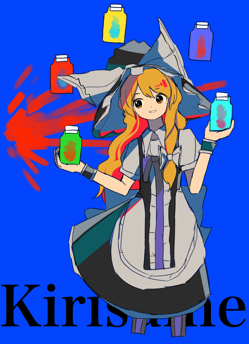 1girl absurdres apron black_dress blonde_hair blue_background bow braid dress eyebrows_visible_through_hair feet_out_of_frame floating floating_object hat hat_bow highres jar kirisame_marisa neruzou short_sleeves side_braid single_braid smile solo touhou waist_apron white_bow witch_hat
