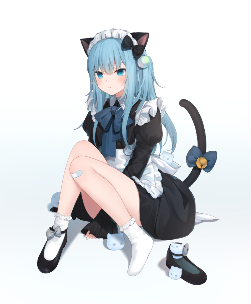 1girl amashiro_natsuki animal_ears apron arm_support bandaid bandaid_on_knee bangs bell between_legs black_bow black_dress black_footwear blue_hair blush bow cat_ears cat_girl cat_tail closed_mouth commentary_request dress frilled_apron frills frown full_body grey_bow hair_bow hand_between_legs highres jingle_bell juliet_sleeves knees_up long_hair long_sleeves maid maid_headdress nekoha_shizuku original puffy_sleeves shoe_removed shoes simple_background single_shoe sitting socks solo tail tail_bell tail_bow tail_ornament waist_apron white_apron white_background white_legwear