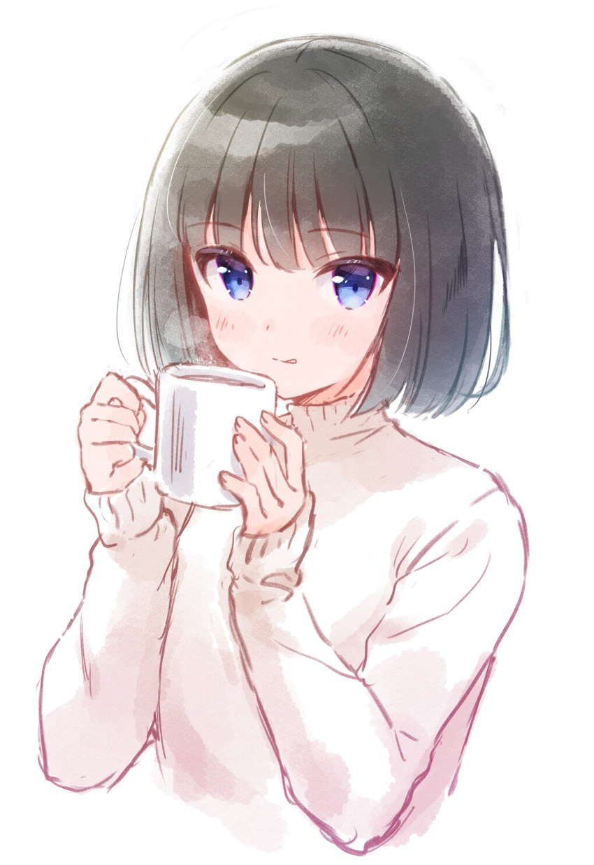 1boy :p bangs black_hair blue_eyes blunt_bangs bob_cut cup eyebrows_visible_through_hair highres idolmaster idolmaster_side-m kagura_rei looking_at_viewer mug rayuse simple_background solo sweater tongue tongue_out turtleneck turtleneck_sweater white_background