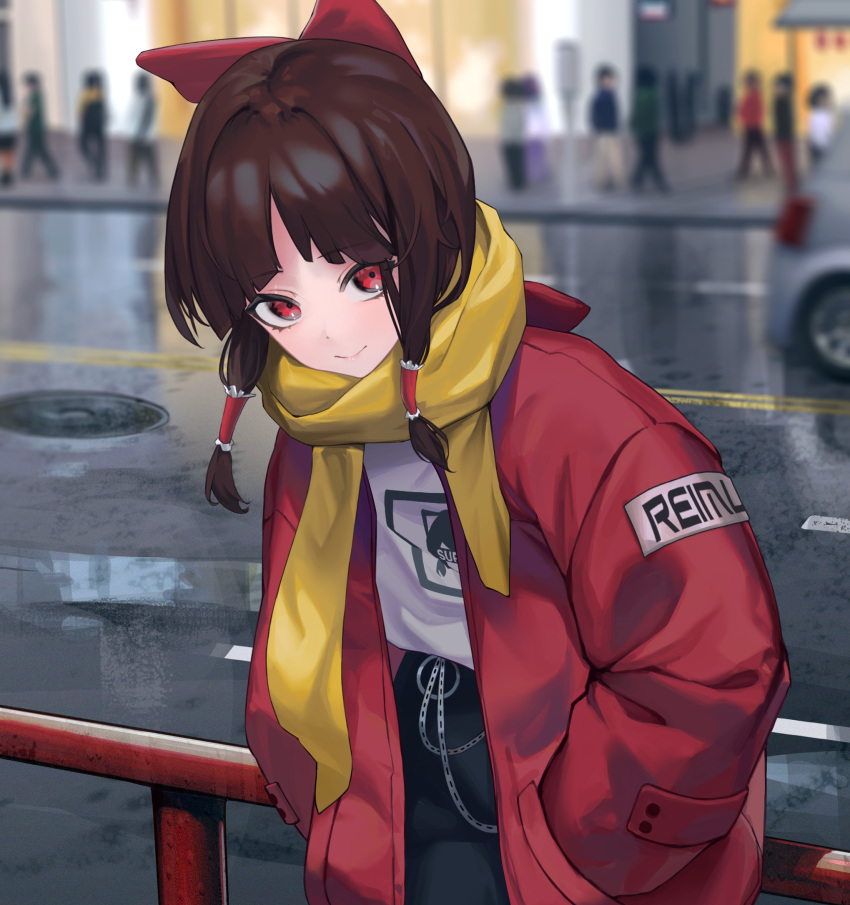 1girl alternate_costume bangs black_pants blurry blurry_background bow brown_hair building car city closed_mouth coat contemporary eyebrows_visible_through_hair ground_vehicle hair_bow hair_tubes hakurei_reimu hands_in_pockets highres leaning_forward long_hair looking_at_viewer manhole_cover motor_vehicle night outdoors pants railing red_bow red_coat red_eyes road scarf shirt sidelocks sidewalk smile solo_focus touhou white_shirt yaye yellow_scarf