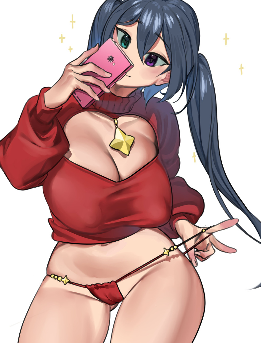 1girl absurdres aqua_eyes black_hair breasts cleavage_cutout clothing_cutout covered_nipples hair_between_eyes heterochromia highres holding holding_phone large_breasts long_hair long_sleeves nia_(nia4294) original panties phone red_panties red_shirt shirt simple_background solo underwear very_long_hair violet_eyes white_background