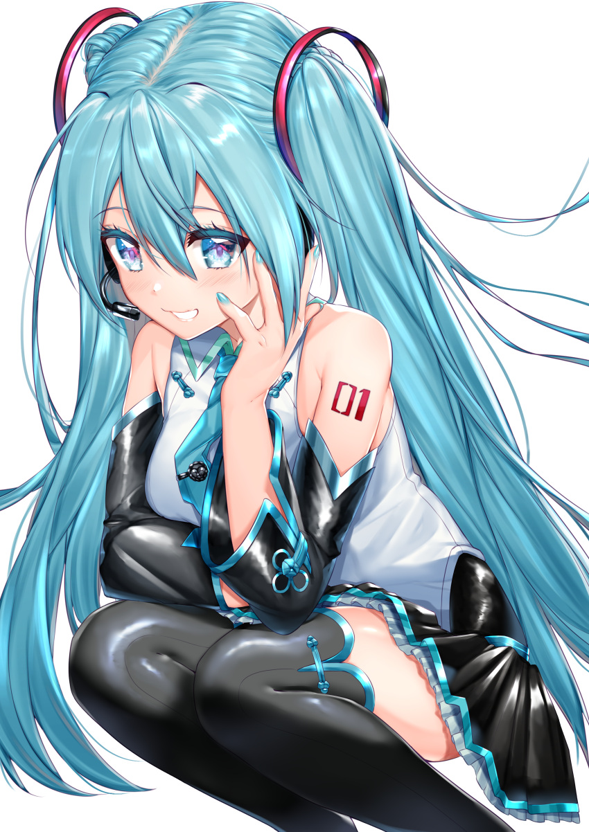1girl absurdres adapted_costume aqua_eyes aqua_hair aqua_nails bangs bare_shoulders black_legwear breasts detached_sleeves frilled_skirt frills hatsune_miku headset highres long_hair medium_breasts necktie parted_lips pleated_skirt rachel_bouvier sidelocks skirt smile solo squatting tattoo thigh-highs tie_clip twintails very_long_hair vocaloid zettai_ryouiki