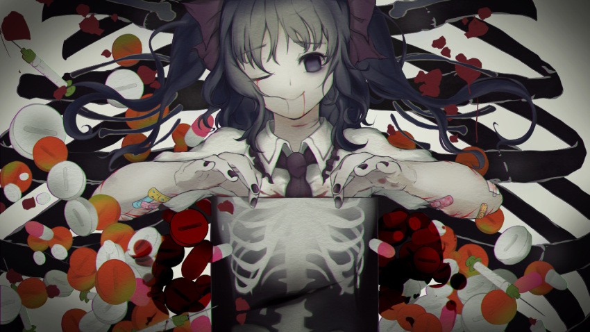 1girl anatomy bags_under_eyes bandaid bangs black_hair blood blood_from_mouth bloody_clothes bloody_tears closed_mouth collared_shirt commentary_request cookie_(touhou) cuts de_uzimushi drugs empty_eyes eyebrows_visible_through_hair hair_ribbon hata-tan himekaidou_hatate injury long_hair looking_at_viewer necktie one_eye_closed pill purple_ribbon ribbon ribs shirt skirt smile solo syringe touhou twintails upper_body violet_eyes white_background white_skirt wing_collar x-ray x-ray_film yurina_amado