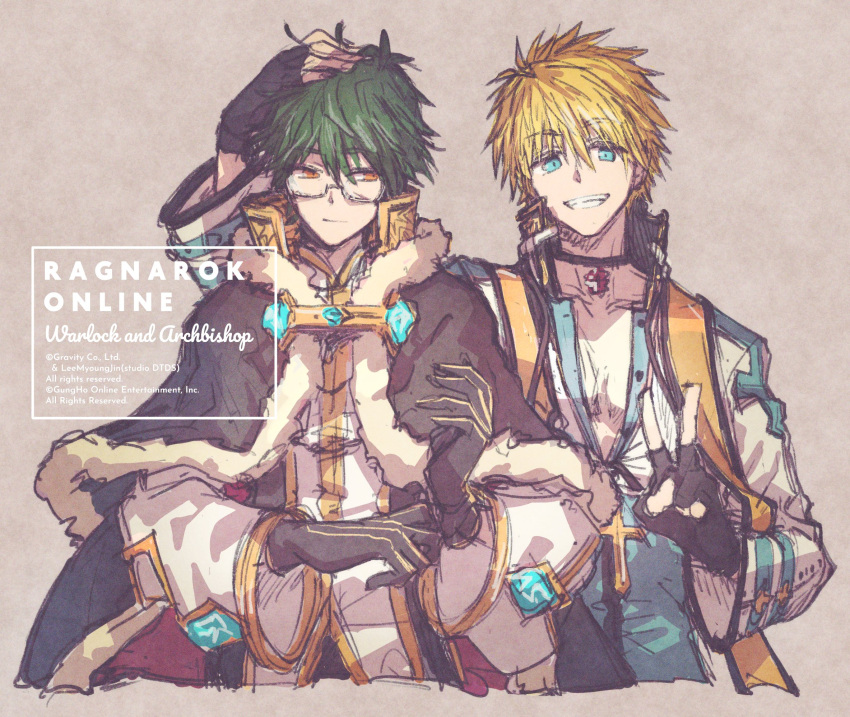 2boys archbishop_(ragnarok_online) bangs beige_background black_gloves blonde_hair blue_coat blue_eyes brown_cape cape choker closed_mouth coat eyebrows_visible_through_hair fingerless_gloves fur-trimmed_cape fur_trim glasses gloves green_hair grin hand_on_another's_head highres ichimi_(simtysiger) long_sleeves looking_at_another looking_at_viewer looking_to_the_side male_focus multiple_boys official_alternate_costume open_clothes open_coat orange_eyes ragnarok_online semi-rimless_eyewear shirt short_hair simple_background smile spiky_hair symbol_commentary teeth two-tone_coat under-rim_eyewear upper_body v warlock_(ragnarok_online) white_coat white_shirt