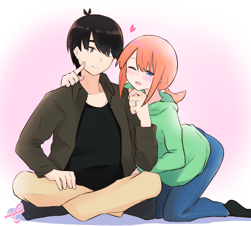 1boy 1girl ;d bangs black_hair black_jacket black_legwear black_shirt blue_eyes blue_pants blush brown_eyes brown_pants closed_mouth collarbone collared_jacket denim eyebrows_behind_hair go-toubun_no_hanayome green_hoodie hair_over_one_eye heart highres hood hood_down hoodie jacket jeans jewelry kujou_karasuma nakano_yotsuba no_shoes one_eye_closed open_clothes open_jacket open_mouth orange_hair pants ring shirt signature sitting smile socks thick_eyebrows uesugi_fuutarou