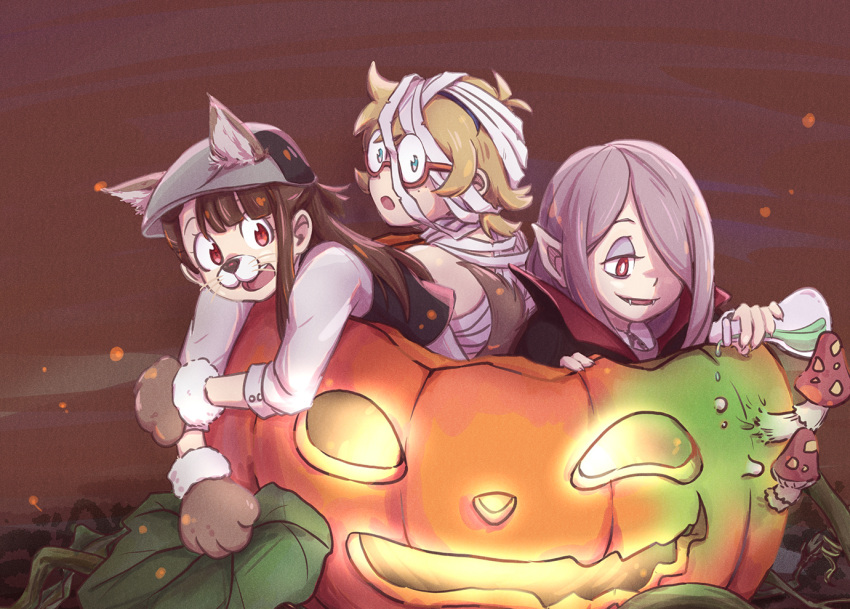 3girls animal_ears bandages blonde_hair brown_hair fangs flask halloween halloween_costume jack-o'-lantern jack-o&amp;#039;-lantern kagari_atsuko little_witch_academia long_hair lotte_jansson multiple_girls mummy_costume mushroom night purple_hair red_eyes short_hair sucy_manbavaran tonton_(mathcaca24) vampire werewolf