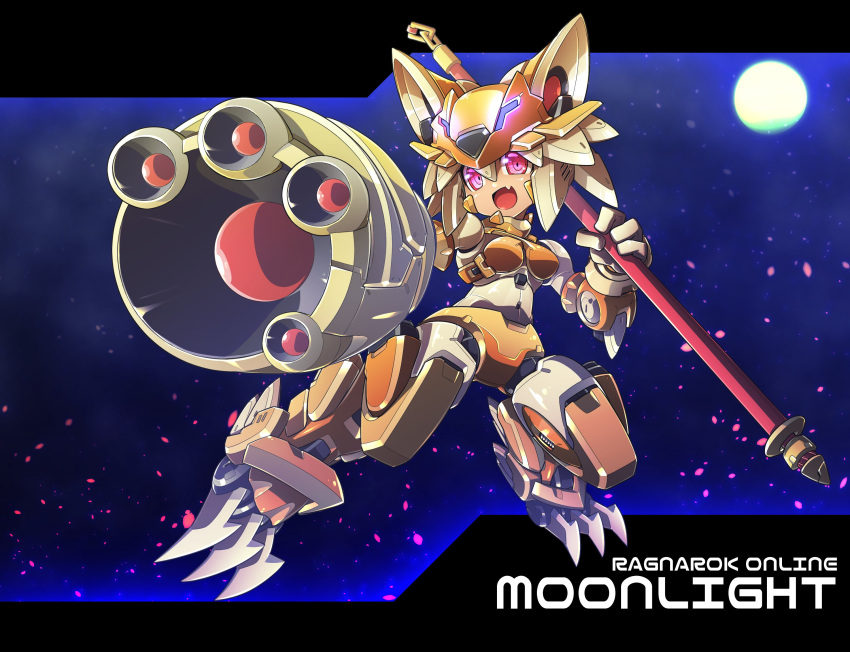1girl android arm_cannon character_name claws commentary_request commission copyright_name crossover fang full_body haiteku_reibou highres holding holding_staff letterboxed looking_at_viewer mecha_musume mechanical_arms mechanical_ears mechanical_legs mechanization moon moonlight_flower night open_mouth pointing_weapon ragnarok_online red_eyes rockman science_fiction second-party_source skeb_commission skin_fang solo staff weapon