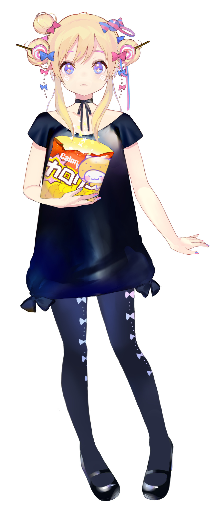 1girl absurdres arm_at_side atsumi_jun bag_of_chips black_choker black_dress black_footwear black_legwear black_neckwear black_ribbon blonde_hair bow candy candy_hair_ornament chips choker closed_mouth double_bun dress fingernails food food_themed_hair_ornament full_body hair_ornament highres holding lollipop looking_at_viewer nail_polish neck_ribbon original pantyhose pigeon-toed purple_bow purple_nails red_bow ribbon ribbon_choker shoes short_sleeves simple_background solo symbol-shaped_pupils violet_eyes white_background