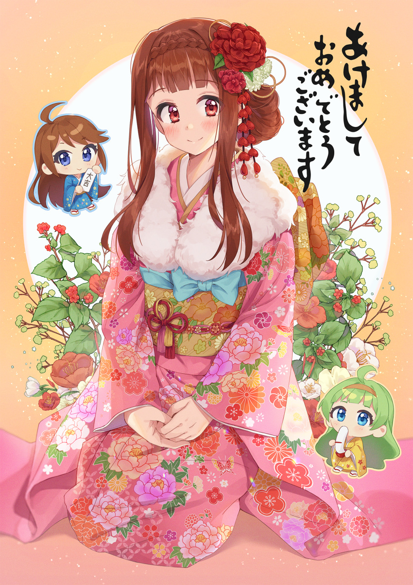 3girls ahoge blue_bow blue_eyes blue_kimono blue_outline blush bow bowl braid brown_background brown_footwear brown_hair character_request chibi chobi_(penguin_paradise) chopsticks closed_mouth commentary_request eating floral_print flower fur_collar furisode green_hair hair_bun hair_flower hair_ornament highres holding holding_bowl holding_chopsticks idolmaster idolmaster_million_live! japanese_clothes kimono long_hair long_sleeves minigirl mochi multiple_girls obi outline pink_kimono print_kimono red_eyes red_flower sash seiza sitting smile socks tabi tanaka_kotoha translation_request two-tone_background very_long_hair white_background white_flower white_legwear wide_sleeves yellow_kimono zouri