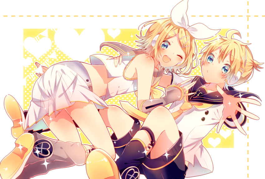 1boy 1girl all_fours arm_warmers bangs bare_shoulders black_collar black_shorts blonde_hair blue_eyes blush bow collar commentary crop_top grey_collar hair_bow hair_ornament hairclip hand_on_another's_back headphones heart heart_print kagamine_len kagamine_len_(vocaloid4) kagamine_rin kagamine_rin_(vocaloid4) leg_warmers looking_at_viewer miniskirt neckerchief necktie one_eye_closed open_mouth outstretched_arm razuko_(raspberry_aaa) reaching_out sailor_collar school_uniform shirt short_hair short_ponytail short_sleeves shorts sitting skirt sleeveless sleeveless_shirt smile sparkle spiky_hair swept_bangs v4x vocaloid white_bow white_shirt white_skirt yellow_neckwear